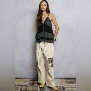 POL Button Front V-Neck Ruffled Cami with Pintuck Accents🆕